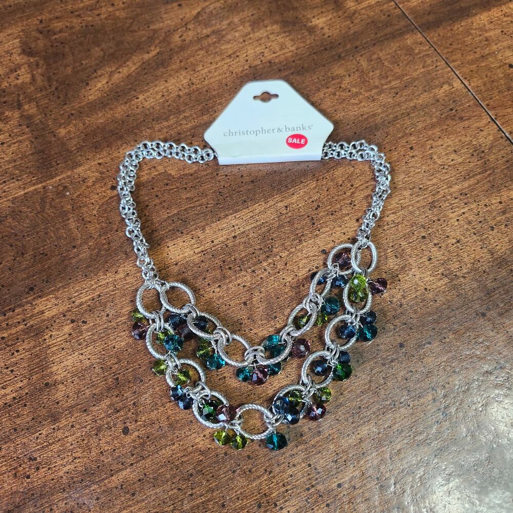NWT Christopher Banks Silver Multicolor Beaded Circle Link Statement Necklace